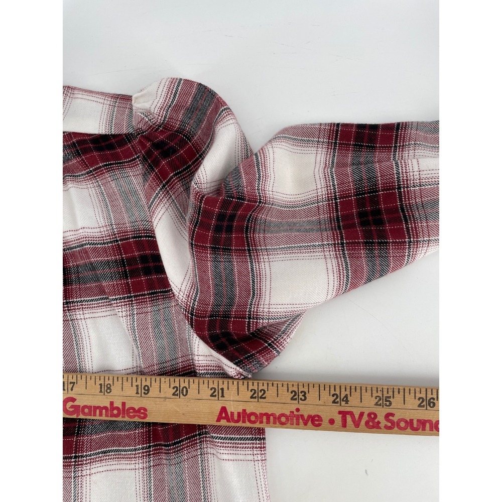 LOFT Plaid Ruffle Neck Flannel Top Womens Medium Burgundy Button Cottagecore - Picture 5 of 8